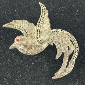 Elegant Vintage Silver Bird Brooch with Red Accent